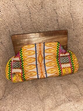 Chloe & Lex Boho Wooden Frame Clutch Colorful Embroidered Woven Fabric